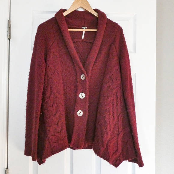 Free People Sweaters - FREE PEOPLE Anthropologie Sweater Burgundy Cable Knit Wool Blend Cardigan